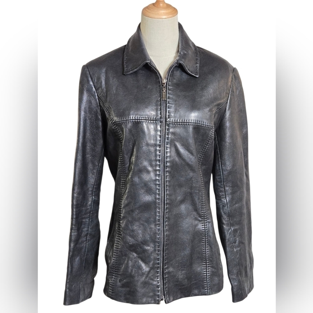 Jones New York Black Stitched Real Leather Jacket